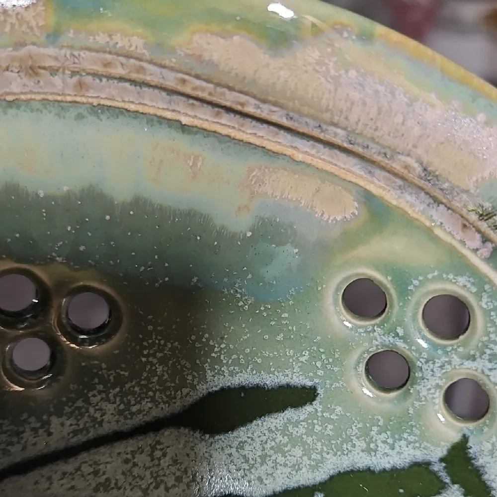 Artisan Crafted/Signed Ceramic Berry Strainer/Colander in Cream, Green and Blue